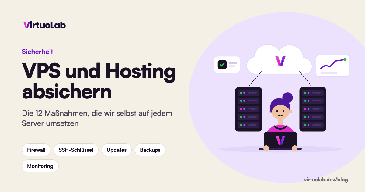 Checkliste zum Absichern eines VPS und Hostings, mit Illustration eines Administrators am Serverschrank