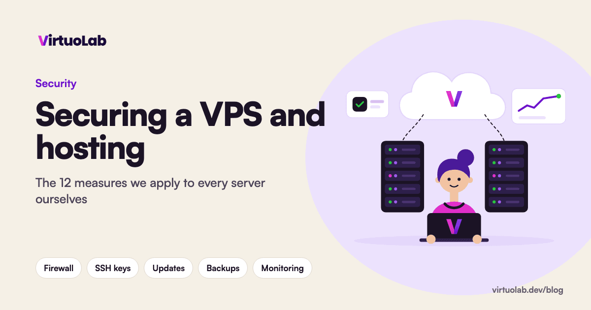 Checklist for securing a VPS and hosting, with an illustration of an administrator at a server rack
