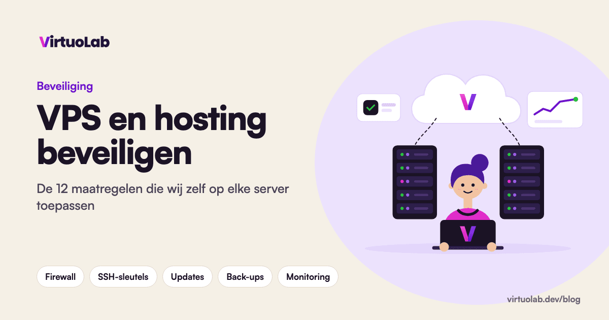 Checklist voor het beveiligen van een VPS en hosting, met illustratie van een beheerder bij een serverkast